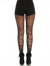 Leg Avenue Bat Wing Sheer Tights Black One Size featuring bat patterns on sheer black material, paired with shorts.