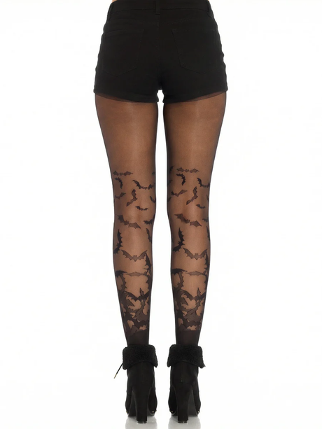 Leg Avenue Bat Wing Sheer Tights Black One Size featuring bat patterns on sheer black material, paired with shorts.