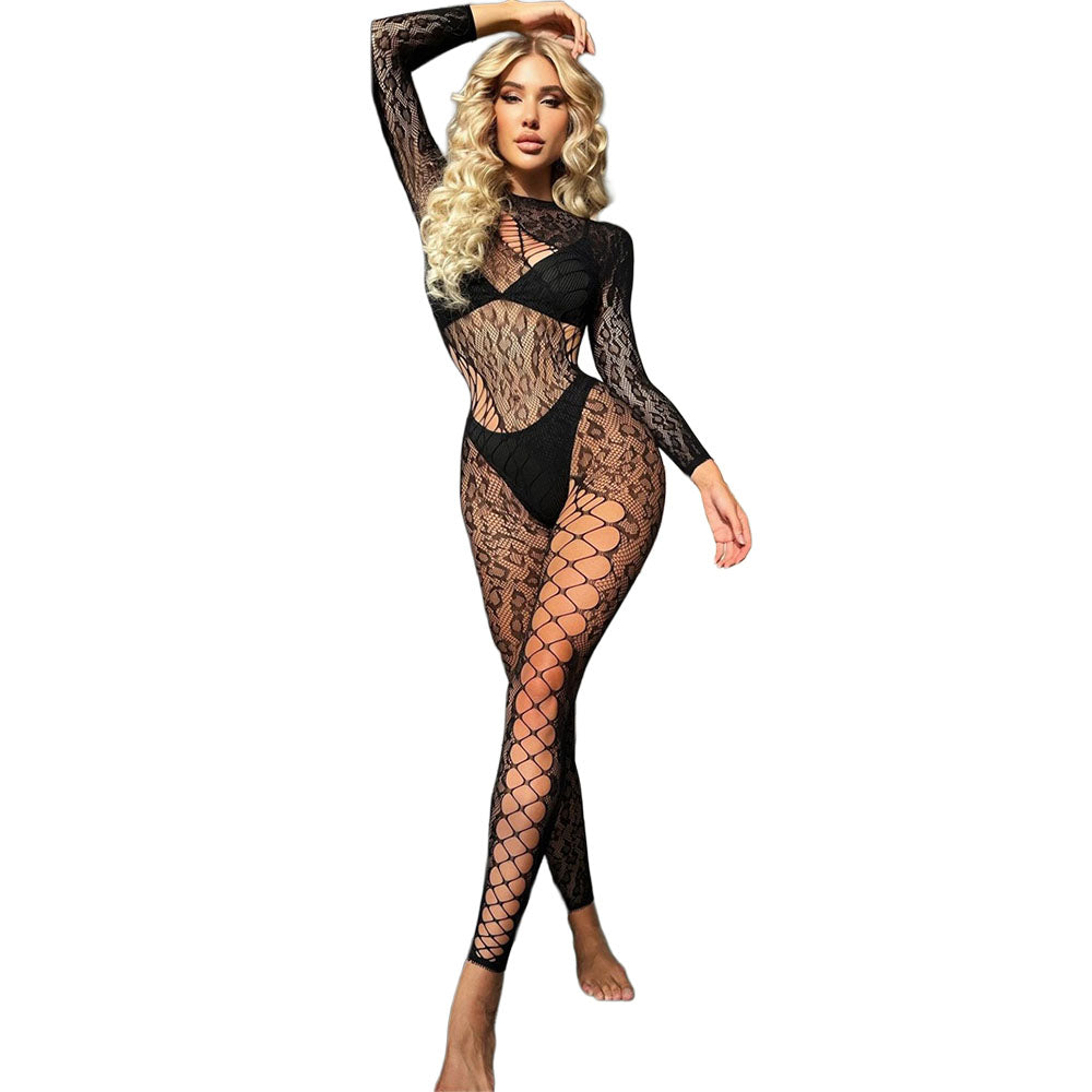 Black Pearl Leopard Lace Catsuit Black showcasing bold leopard lace design, flattering curves for an elegant evening look.