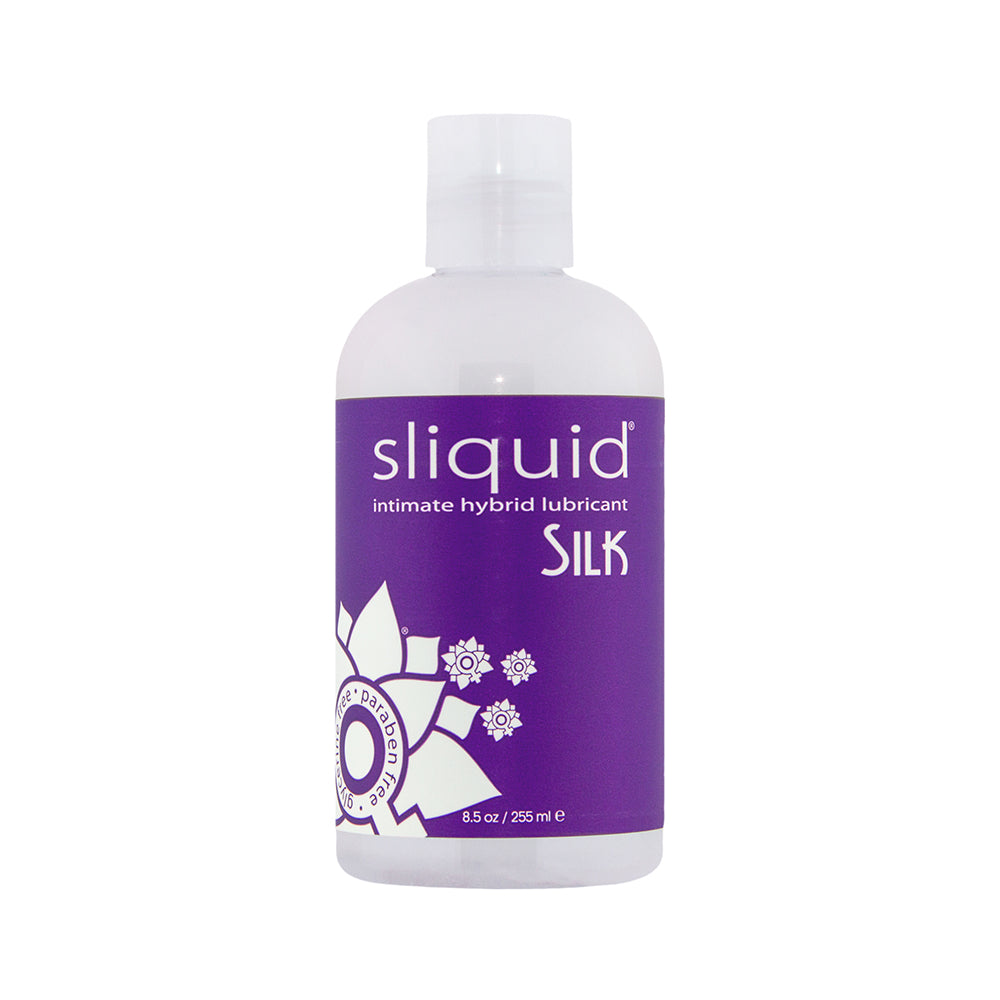 Sliquid Naturals Silk Hybrid Lubricant 8.5 Oz bottle, a premium intimate lubricant for enhanced comfort and glide.