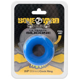 Boneyard Ultimate Silicone Cock Ring Blue packaged on a black and yellow background, showcasing its premium design.