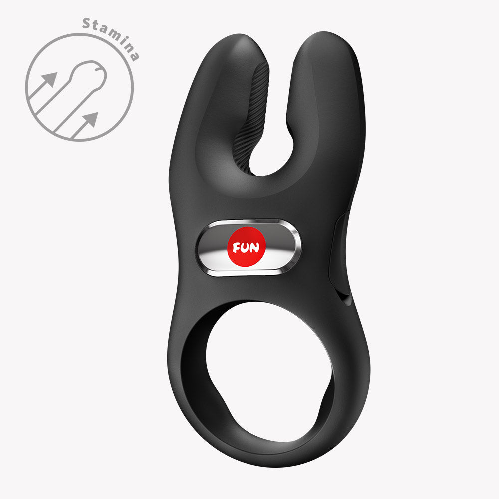 Fun Factory NOS Pro Vibrating Cock Ring Black featuring flexible extensions for targeted clitoral stimulation.