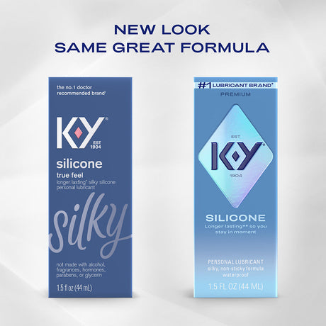K-Y True Feel Premium Silicone Gel Lubricant 1.5 Oz packaging showcasing new design and features.