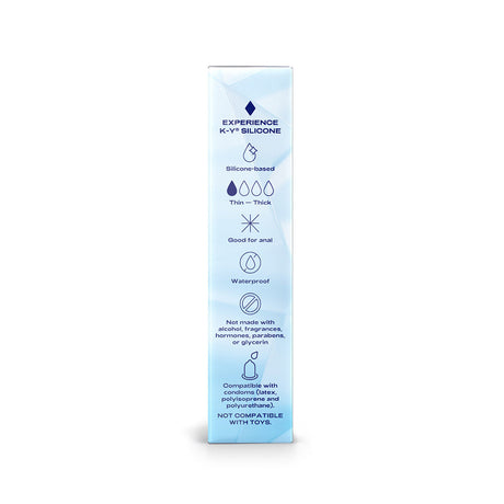 K-Y True Feel Premium Silicone Gel Lubricant 1.5 Oz packaging highlighting silicone-based features and compatibility.