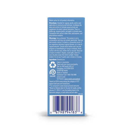 K-Y True Feel Premium Silicone Gel Lubricant 1.5 Oz product packaging displaying directions and warnings