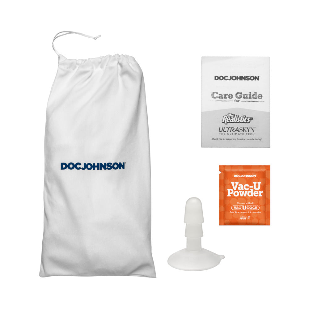 Doc Johnson care guide, Vac-U powder packet, and storage bag for Signature Cocks Bam Realistic Dildo 13 inches.