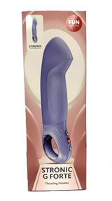 Fun Factory Stronic G Forte Thrusting Pulsator Purple packaging featuring ergonomic design and thrusting modes.