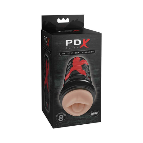 PDX Elite Air Tight Oral Stroker Beige packaging with realistic textured sleeve design for enhanced personal experience.