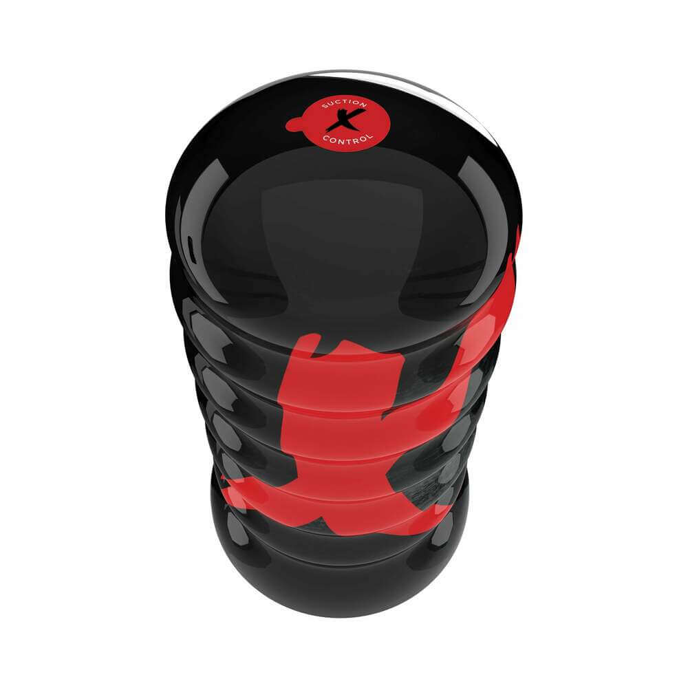 PDX Elite Air Tight Oral Stroker Beige viewed from the top, showcasing the sleek black and red design.