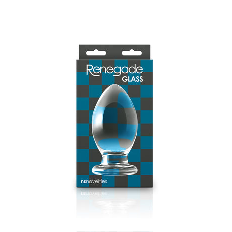 Renegade Glass Bishop Anal Plug Clear in packaging showcasing its oversized design and crystal-clear finish.