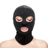 Hustler's Taboo Eyes & Mouth Hood Black on model, adding mystery to erotic bedroom play.