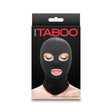 Hustler's Taboo Eyes & Mouth Hood Black packaging showcasing a mysterious, snug fit hood with eye and mouth openings.