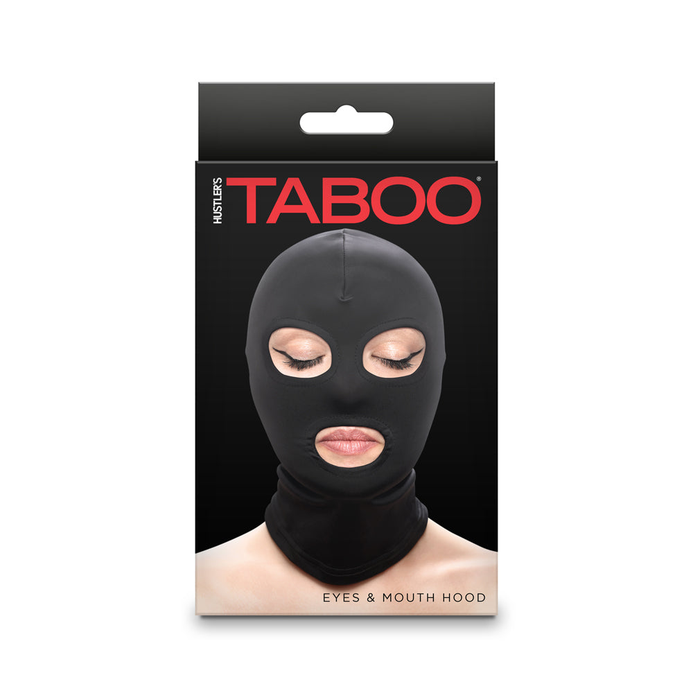 Hustler's Taboo Eyes & Mouth Hood Black packaging showcasing a mysterious, snug fit hood with eye and mouth openings.