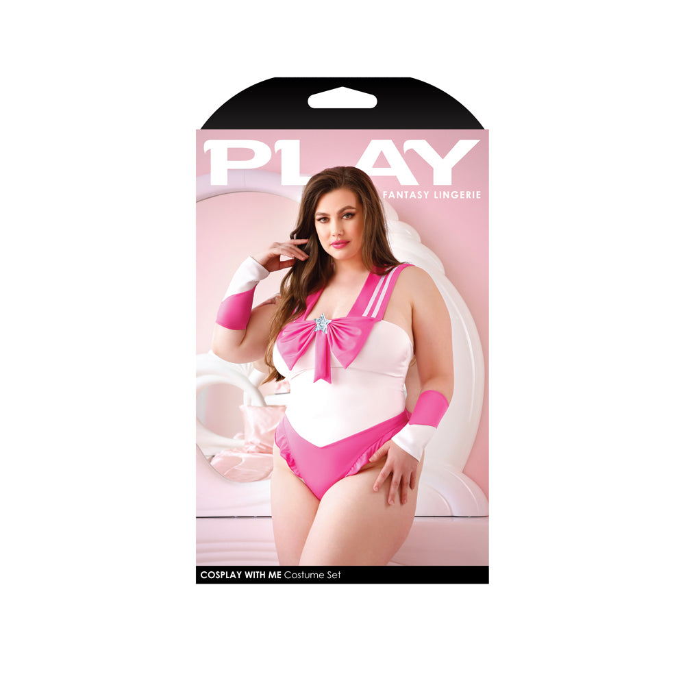 Cosplay With Me Bodysuit Costume Set 1X/2X White Pink displayed on packaging with model in pink and white costume.