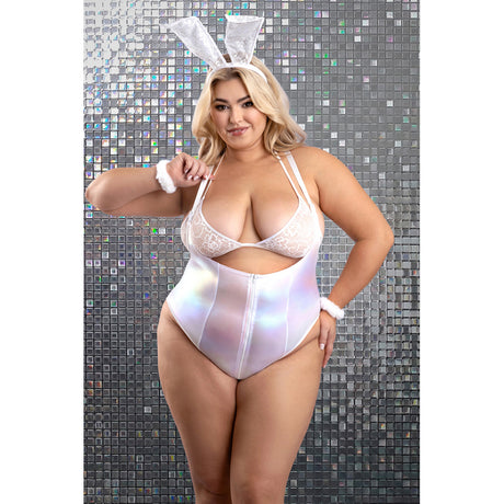 Bunny Hills 5 Piece Bunny Costume Set 3X/4X White displayed on a model, featuring a bodysuit, bralette, wristlets, and bunny ears.