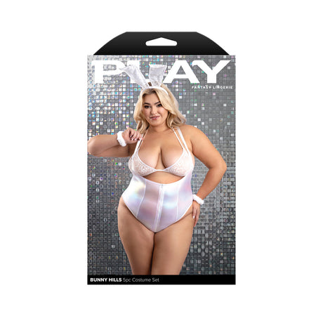 Bunny Hills 5 Piece Bunny Costume Set 3X/4X White packaging displaying an iridescent bodysuit and accessories by Fantasy Lingerie.
