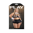 Wicked Thoughts 4 Piece Wetlook Costume Set 3X/4X Black featuring a model in a bra, pleated skirt, and cuffs.