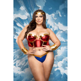Rope Me In 4 Piece Superhero Costume Set Queen 3X/4X Red on model with red metallic bustier and blue panty