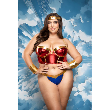 Rope Me In 4 Piece Superhero Costume Set Queen 3X/4X Red on model with red metallic bustier and blue panty