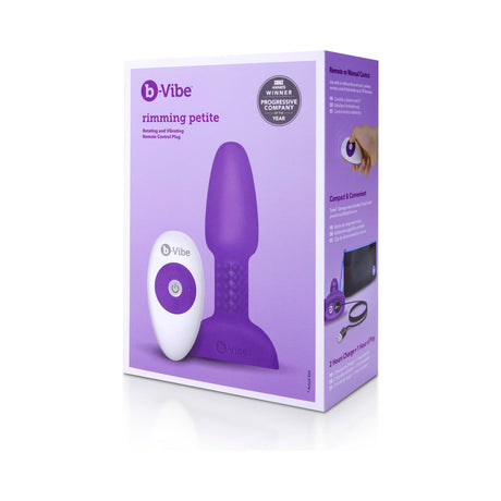 b-Vibe Rimming Petite Remote Control Butt Plug Purple packaging with remote and product details.