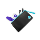 b-Vibe Rimming Petite Remote Control Butt Plug Purple inside a black storage pouch with USB and remote.