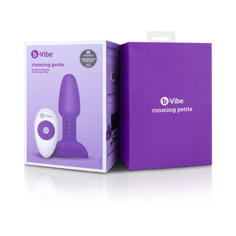 b-Vibe Rimming Petite Remote Control Butt Plug Purple with packaging and remote control, designed for pleasurable anal sensations.