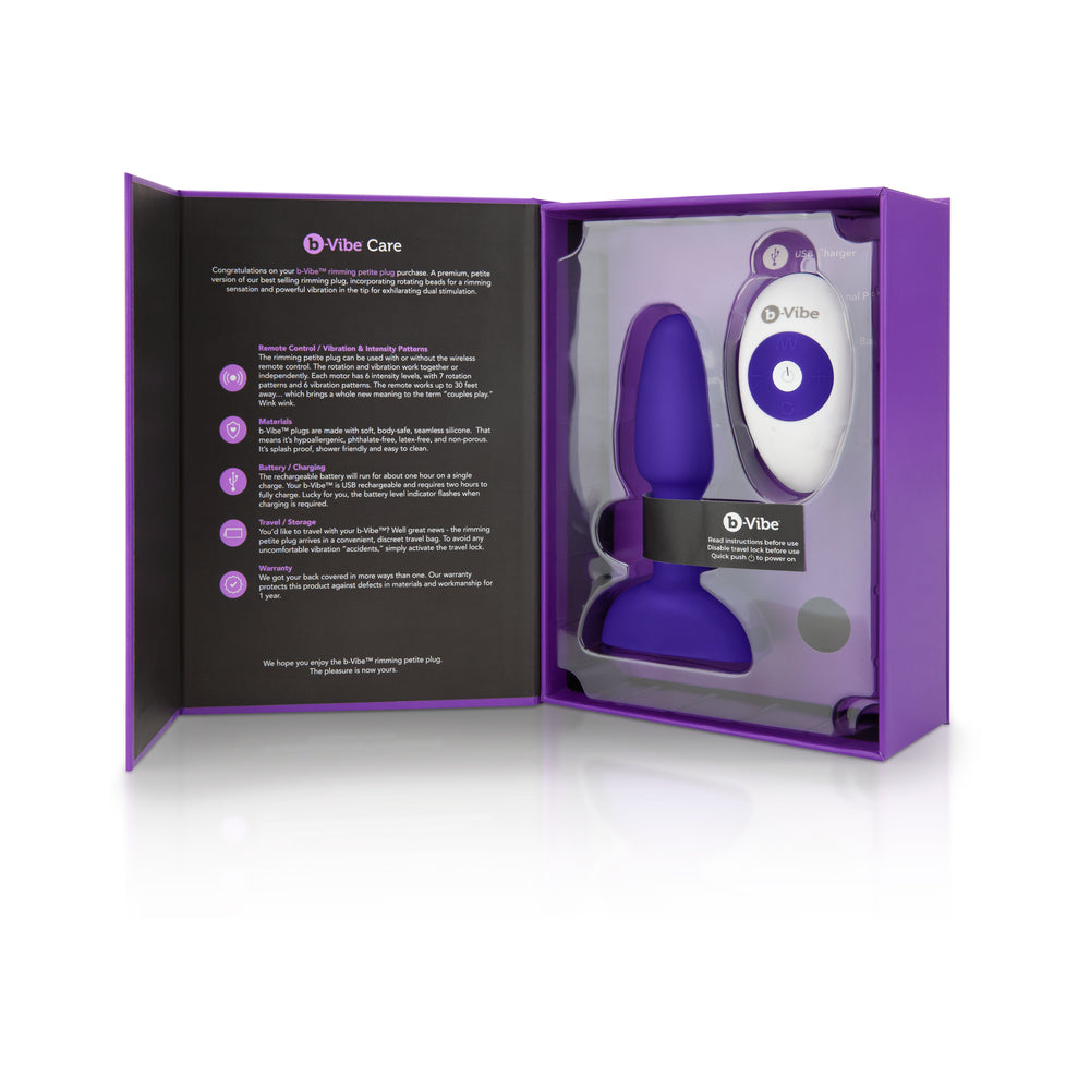 b-Vibe Rimming Petite Remote Control Butt Plug Purple in packaging with remote control features.