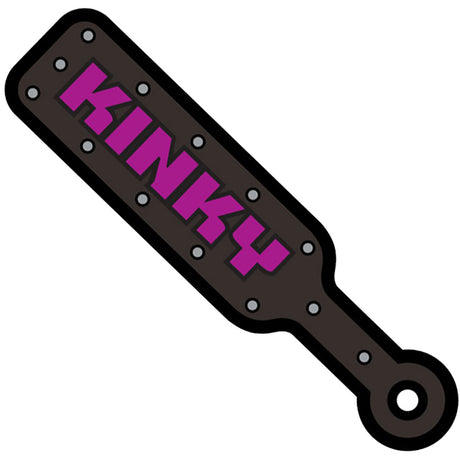 Wood Rocket Kinky Paddle Enamel Lapel Pin Black, a fun BDSM-themed accessory featuring the word 'Kinky' in bold lettering.