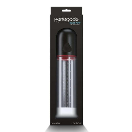 Renegade Bulge Rechargeable Penis Pump Black packaging showcasing innovative suction technology.