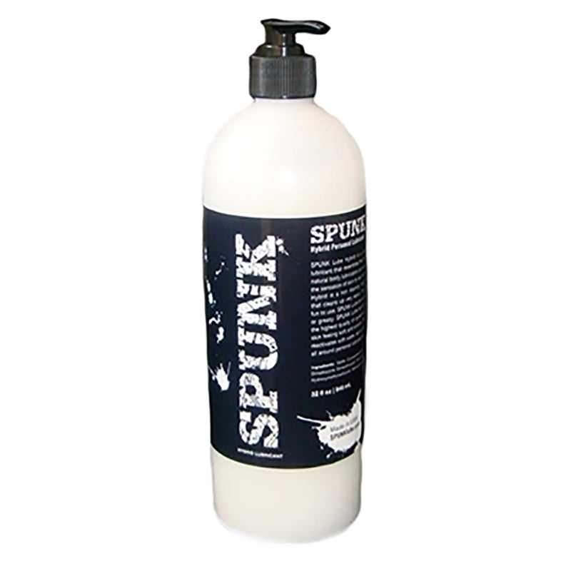 Spunk Lube Hybrid Personal Lubricant 32 Oz bottle with pump, creamy water-based and silicone formula for smooth glide.