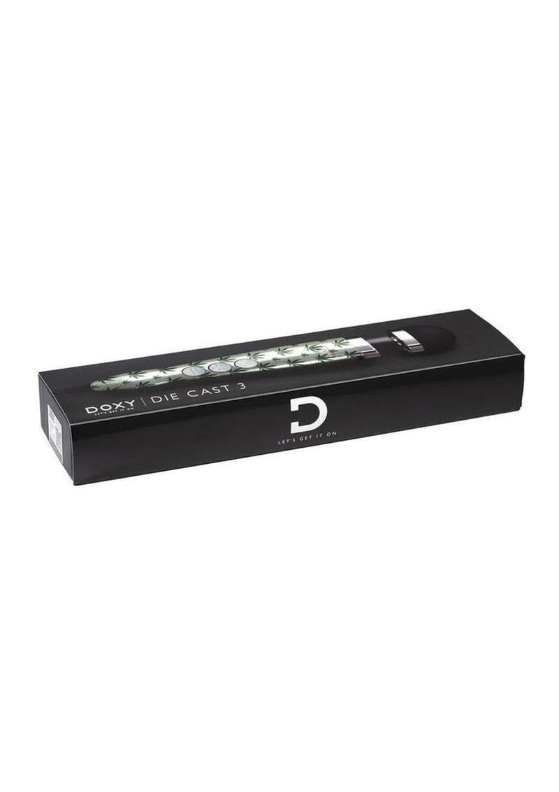 Doxy Die Cast 3 Wand Plug-In Wand Massager Cannabis Pattern packaging showing compact design and premium branding.
