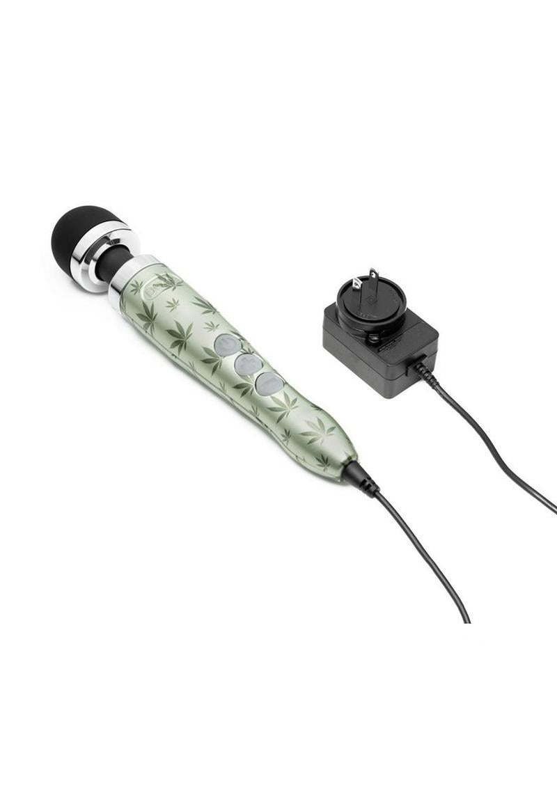 Doxy Die Cast 3 Wand Plug-In Wand Massager Cannabis Pattern with power adapter and control buttons.