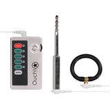 E-stim Urethral Sounding Set Small Silver with controller, electro probe, and vibrating ring.