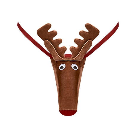 Male Power Novelty Rock Hard Rudy Reindeer G-String Brown featuring a plush reindeer face design and antlers.