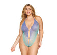 Dream Girl Ombre Stretch Lace Teddy Lavender Haze Seafoam showcasing ombré lace and gold details on a curvy figure.