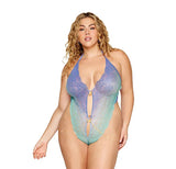 Dream Girl Ombre Stretch Lace Teddy Lavender Haze Seafoam showcasing ombré lace and gold details on a curvy figure.