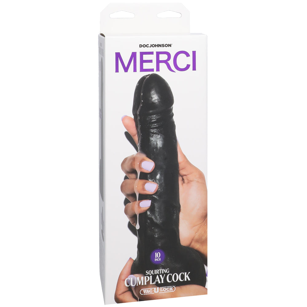 Merci Squirting Cumplay Cock 10 inch Vac-u-lock Dildo Black packaged with a hand holding it.