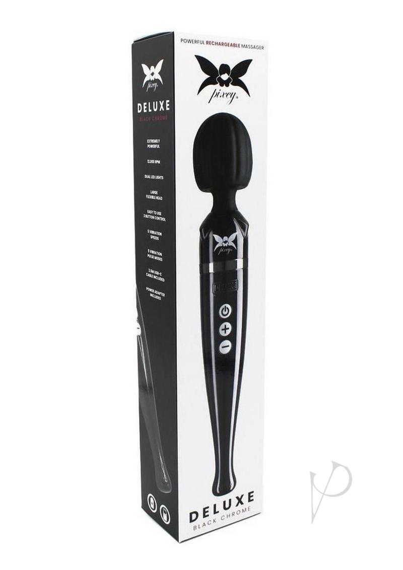 Pixey Deluxe Rechargeable Wand Massager Black Chrome packaging showcasing its features and design.