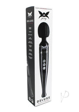 Pixey Deluxe Rechargeable Wand Massager Black Chrome packaging showcasing its features and design.
