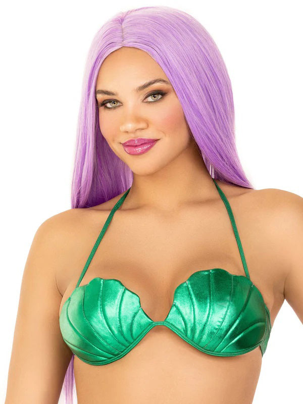 Leg Avenue Mermaid Shell Bra Top Large Green worn by a model with purple hair, showcasing seashell cups for a mermaid costume.