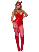 Leg Avenue Glitter Devil Horns Headband and Tail Set Red displayed on a model in a striking red outfit.