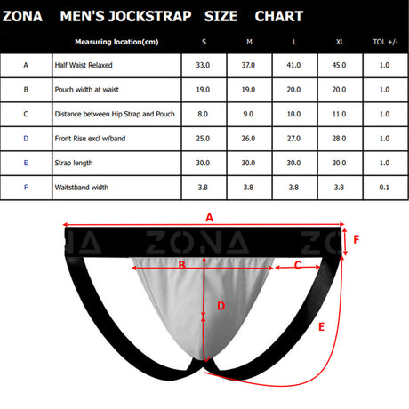 Zona Navy Rush Men's Jockstrap Small size chart showing measurements for jockstrap dimensions including A-F.