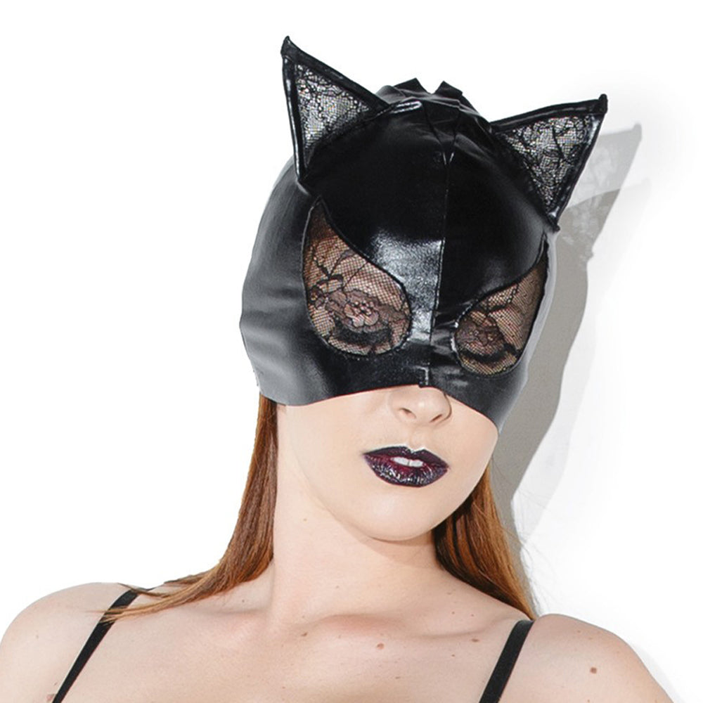 Coquette Wetlook Cat Mask With Lace Eyes And Ears Black worn by model, featuring glossy wetlook and lace detailing.