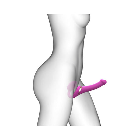 Strap-On-Me Multi Orgasm Strapless Strap-On Fuchsia XL shown on a model for showcasing its innovative bendable design.