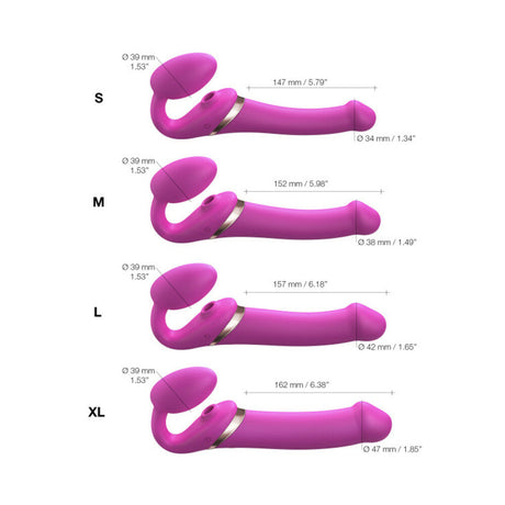Strap-On-Me Multi Orgasm Strapless Strap-On Fuchsia XL size comparison with dimensions for S, M, L, and XL.