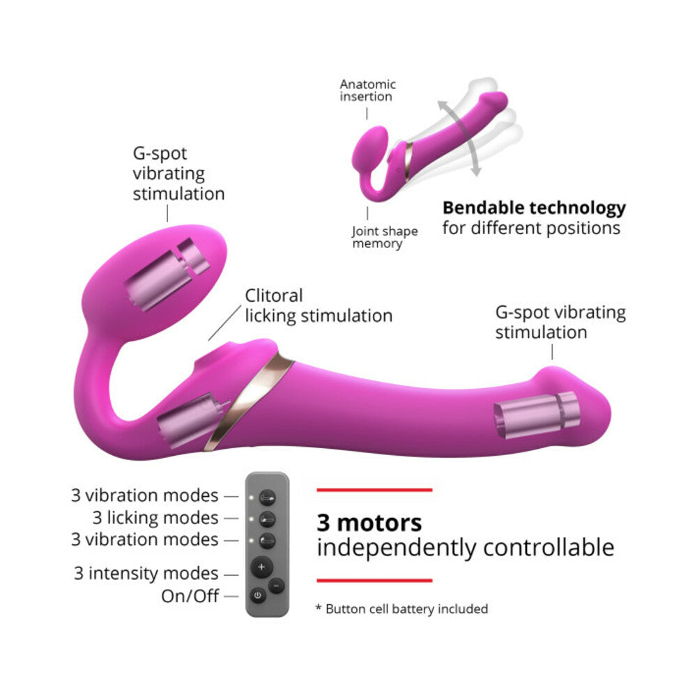 Strap-On-Me Multi Orgasm Strapless Strap-On Fuchsia XL features G-spot and clitoral stimulation with 3 motors for layered pleasure.