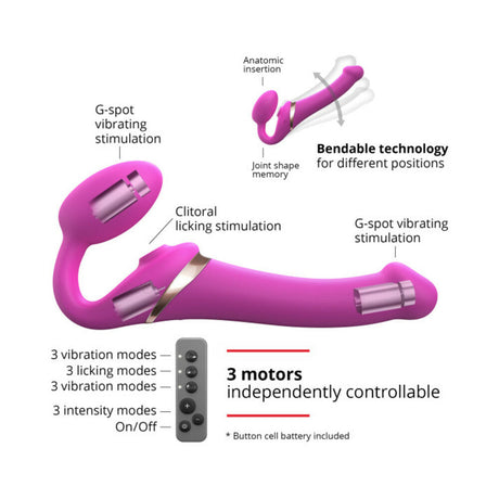 Strap-On-Me Multi Orgasm Strapless Strap-On Fuchsia XL features G-spot and clitoral stimulation with 3 motors for layered pleasure.