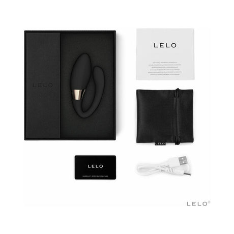 Lelo Tiani Harmony Dual Stimulation Couples Vibrator Black in packaging with accessories and warranty card.
