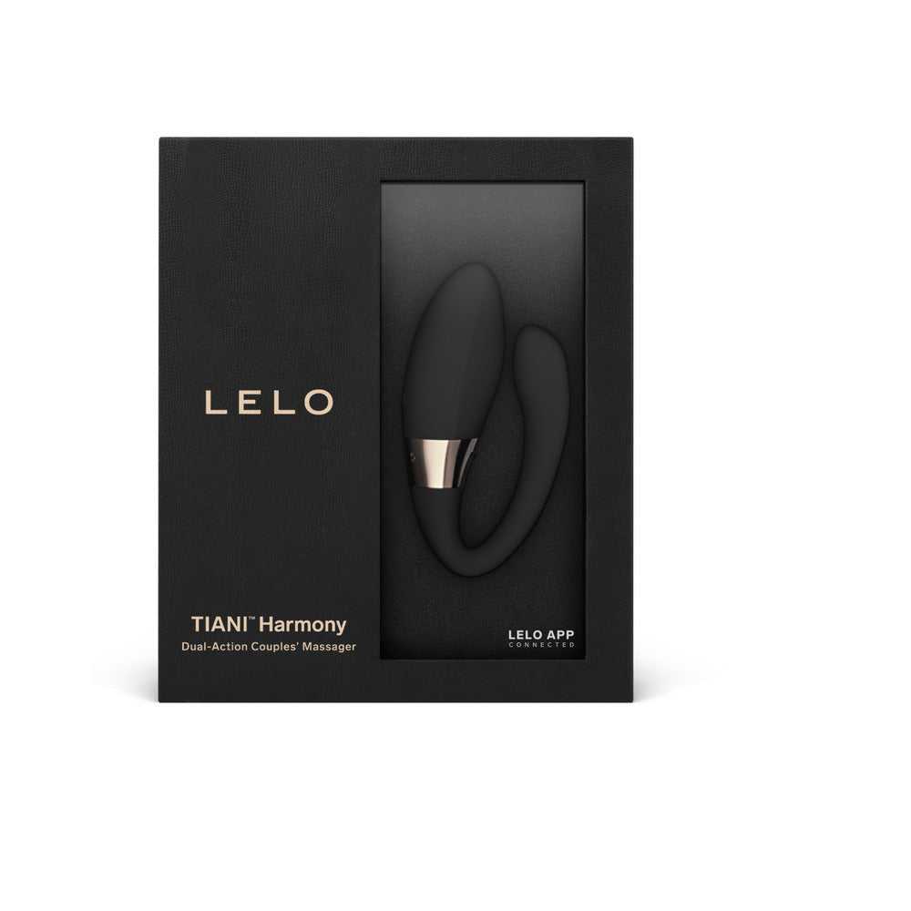 Lelo Tiani Harmony Dual Stimulation Couples Vibrator Black packaged in a sleek box, showcasing its design.