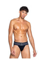 Playboy Mens Locker Room Classic Jock Strap Large Black worn by a man, showcasing iconic style and comfort.